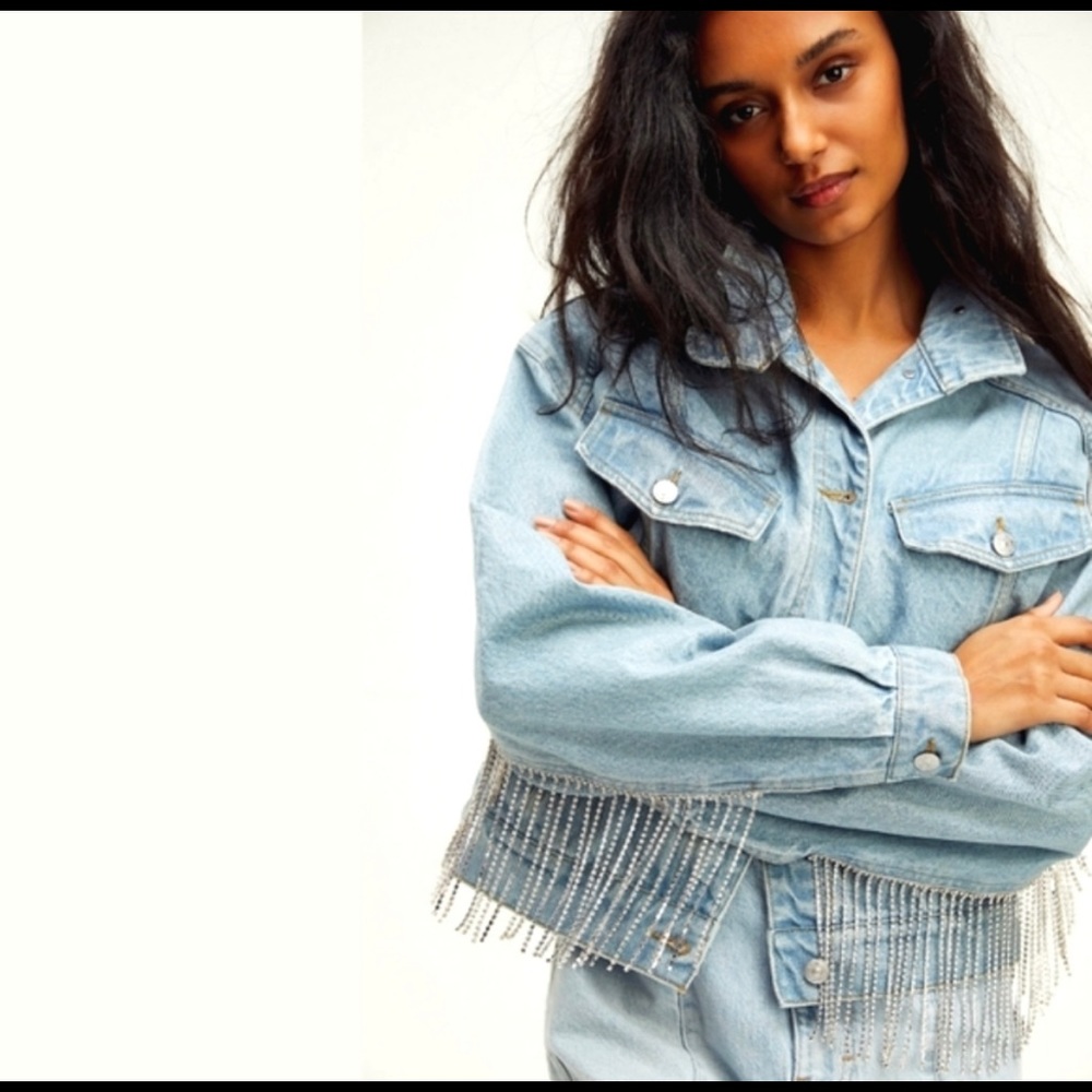Free People Comet Rhinestone Fringe Bomber Jacket Meteor Wash NWT